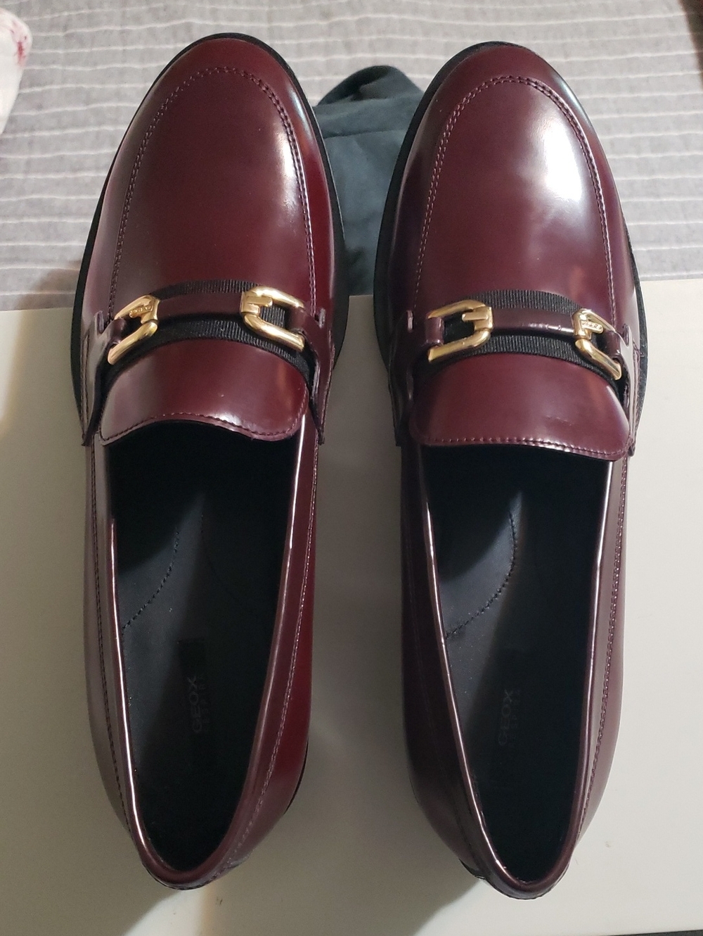 Geox Women's Burgundy Patent Loafers with Gold Bit